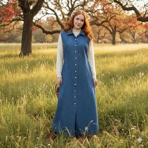 M Vintage Denim Maxi Dress Floral Embroidered Jean Button Modest jumper Y2K